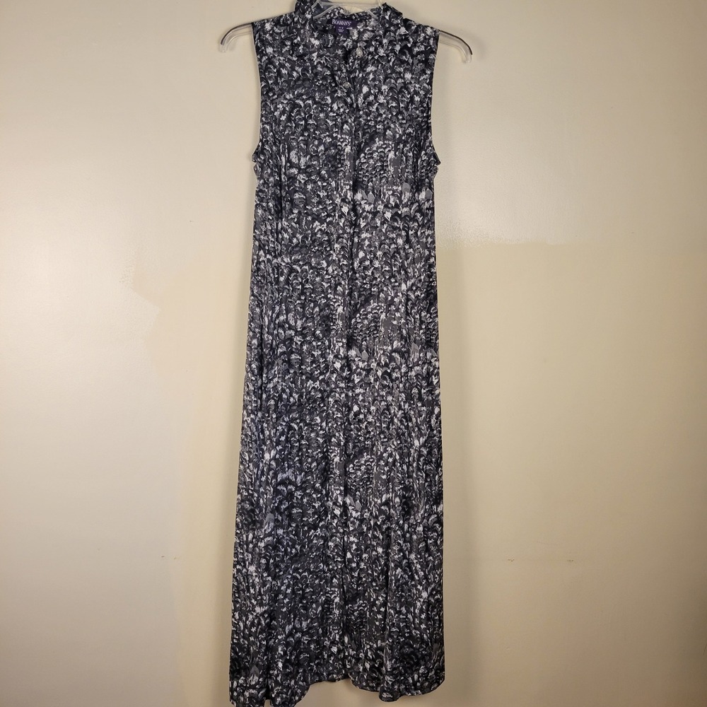 Roamans Womens 14W Black Gray Abstract Print Sleeveless Button Front Maxi Dress